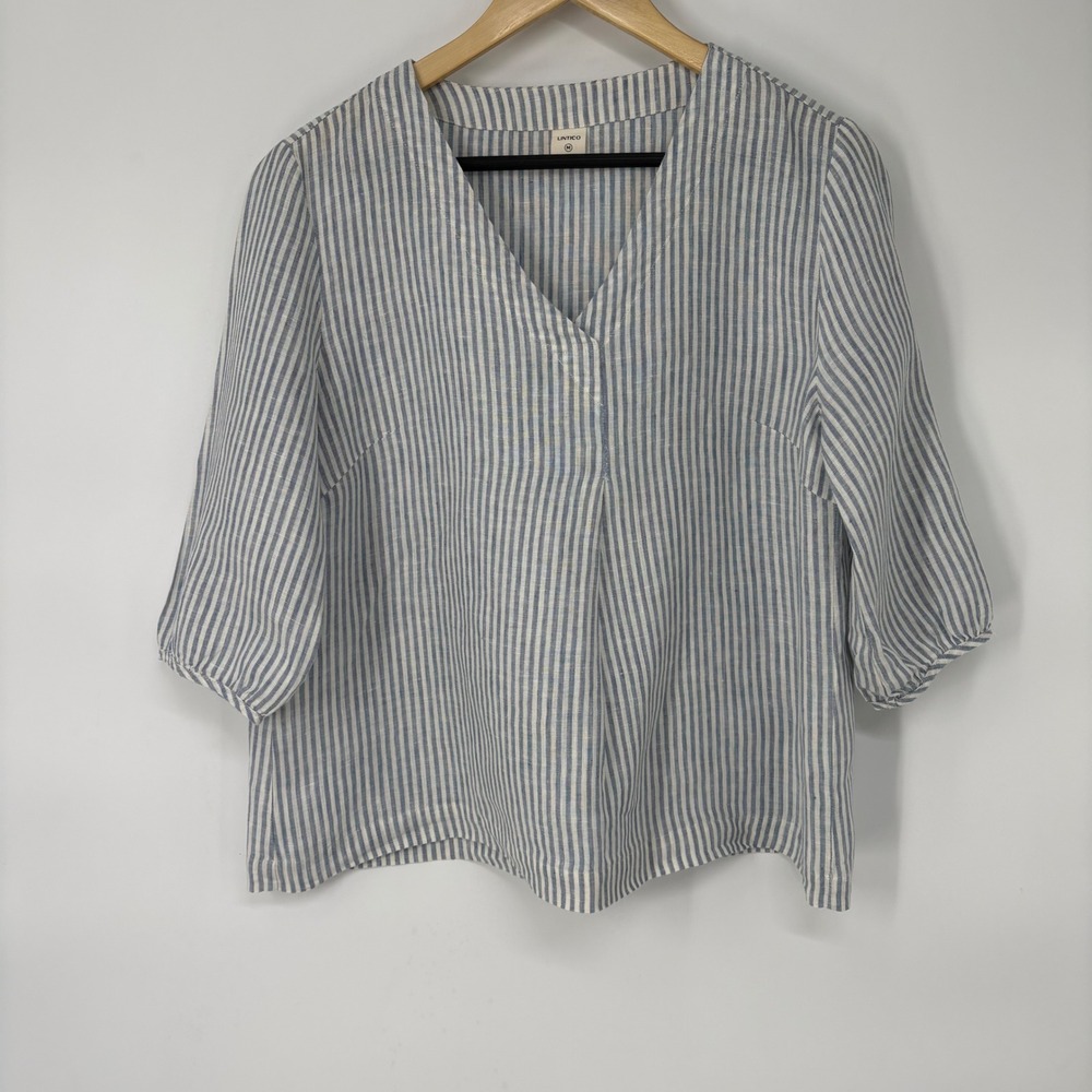Lintico Womens Blue White Striped 100% Linen V-Neck Top Size M Coastal Beachy